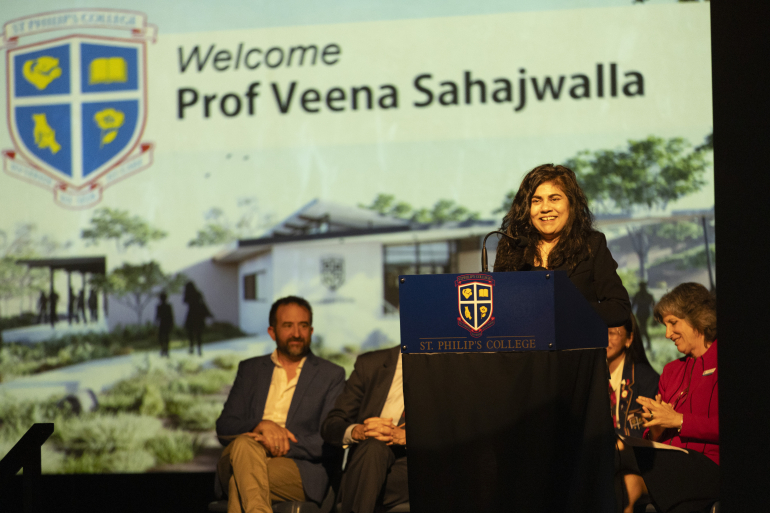 Professor Veena speaking to invited guests and students at St Philip’s College, Alice Springs