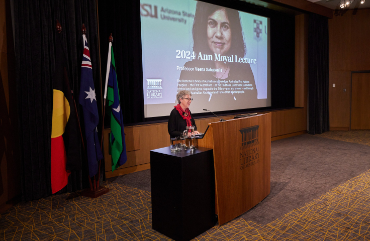 Prof Veena Sahajwalla delivering the Ann Moyal lecture at the National Library of Australia