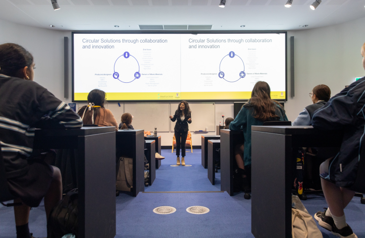 Prof. Veena Sahajwalla, delivering a plenary to nearly 200 students at the 2024 STEM Enrichment Conference hosted by Flinders University 